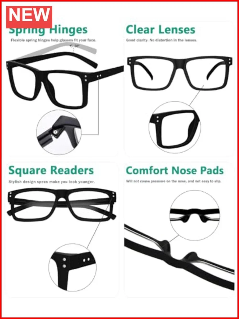 Oversized Reading Glasses 1.0 Strength Acrylic Lenses Spring Hinge